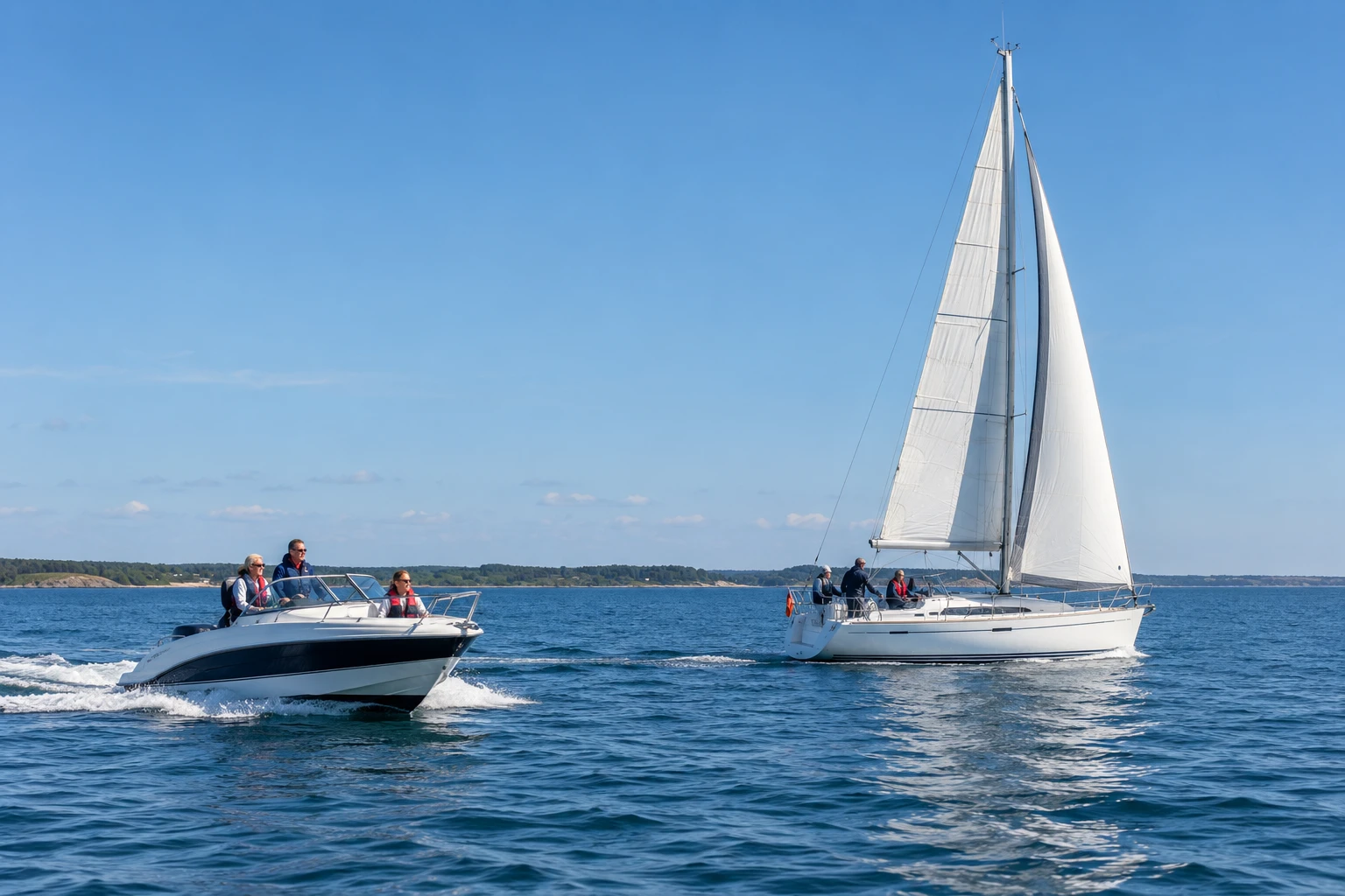 Fotorealistisk motiv af motorbåd og sejlbåd i et skandinavisk kystfarvand